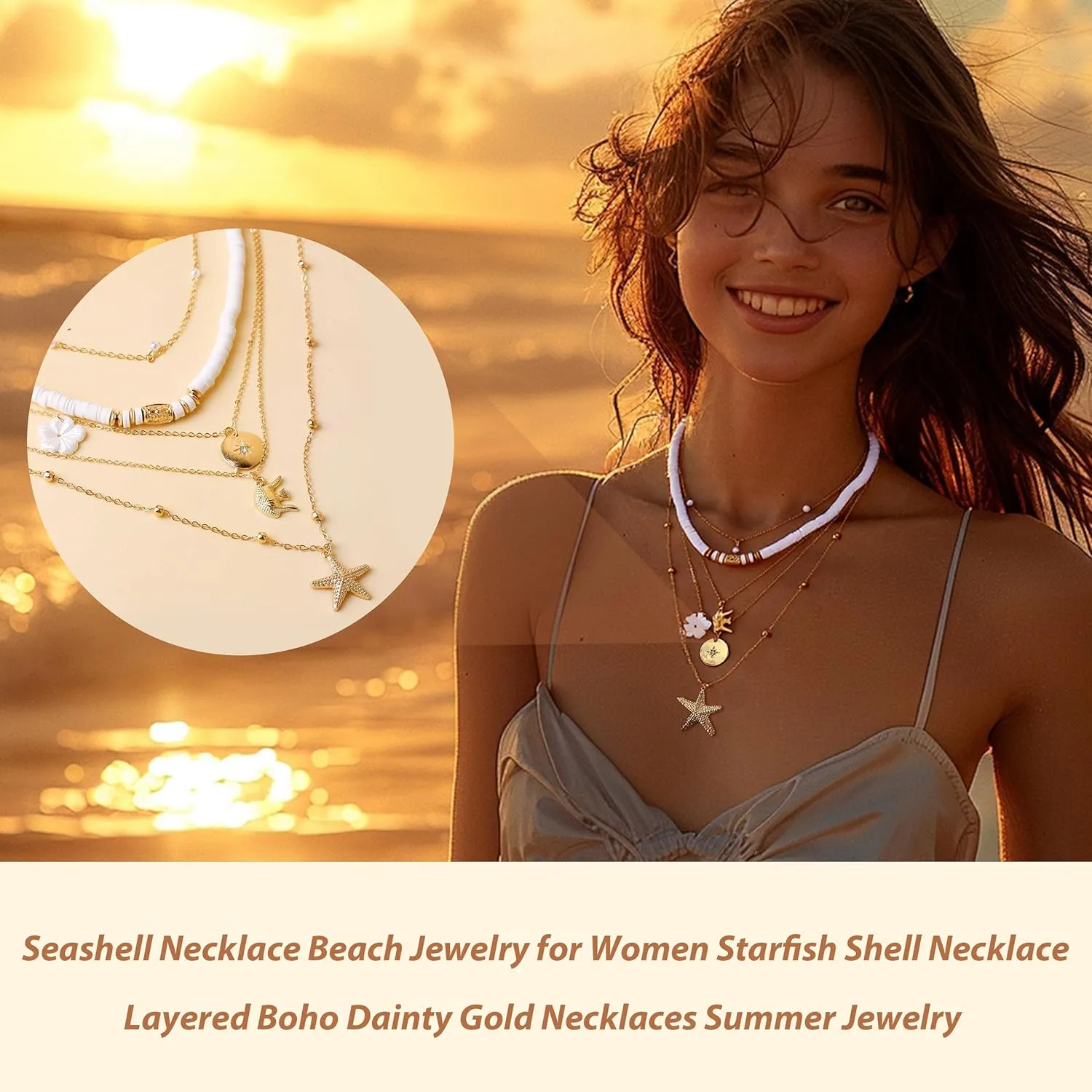 HUASAI Seashell Necklace Beach Jewelry for Women Starfish Shell Necklace Layered Boho Dainty Gold Necklaces Summer Jewelry Stuff Beach Accessories Country Concert Outfits for Women