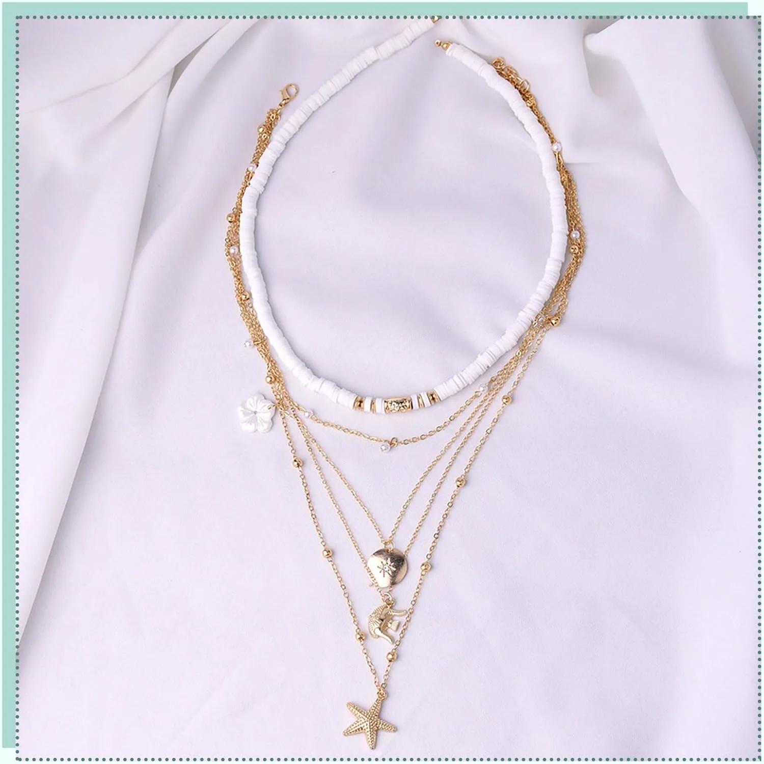 HUASAI Seashell Necklace Beach Jewelry for Women Starfish Shell Necklace Layered Boho Dainty Gold Necklaces Summer Jewelry Stuff Beach Accessories Country Concert Outfits for Women