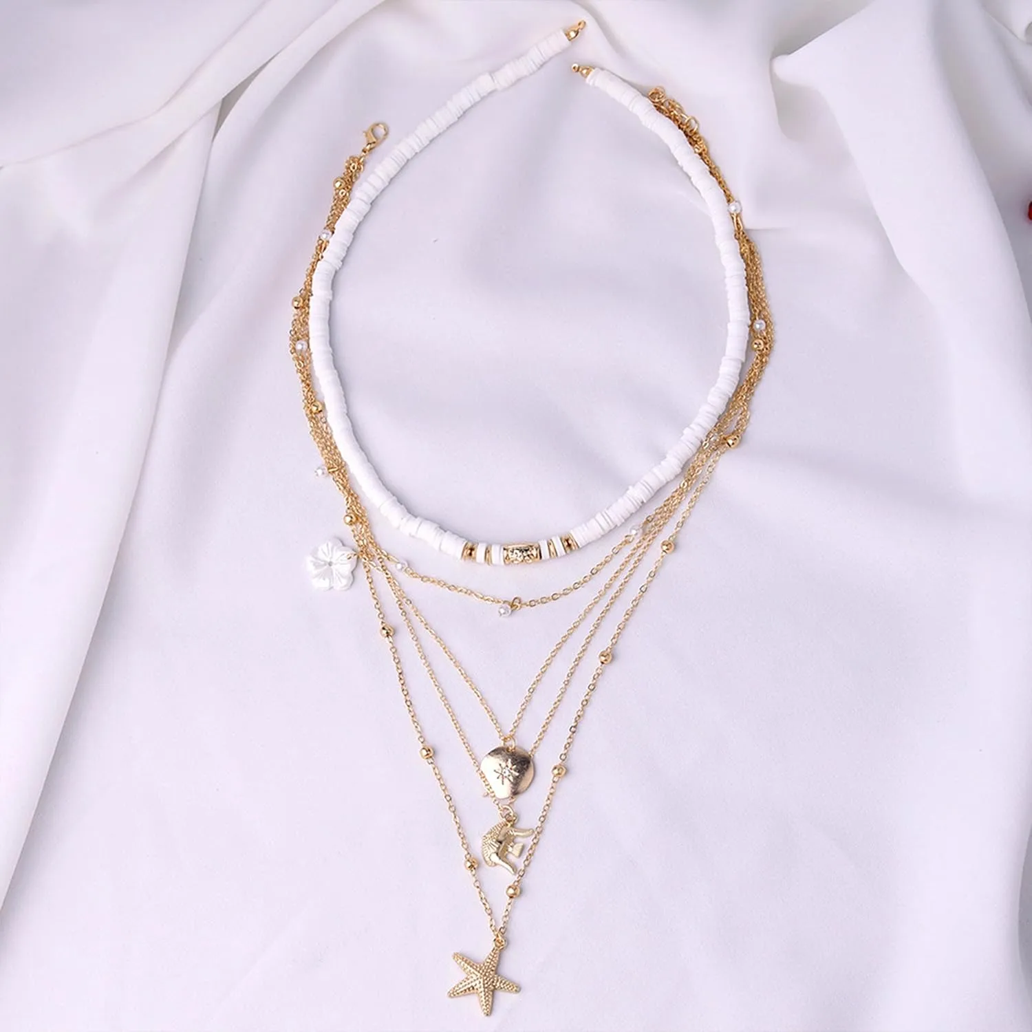 HUASAI Seashell Necklace Beach Jewelry for Women Starfish Shell Necklace Layered Boho Dainty Gold Necklaces Summer Jewelry Stuff Beach Accessories Country Concert Outfits for Women