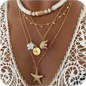 HUASAI Seashell Necklace Beach Jewelry for Women Starfish Shell Necklace Layered Boho Dainty Gold Necklaces Summer Jewelry Stuff Beach Accessories Country Concert Outfits for Women