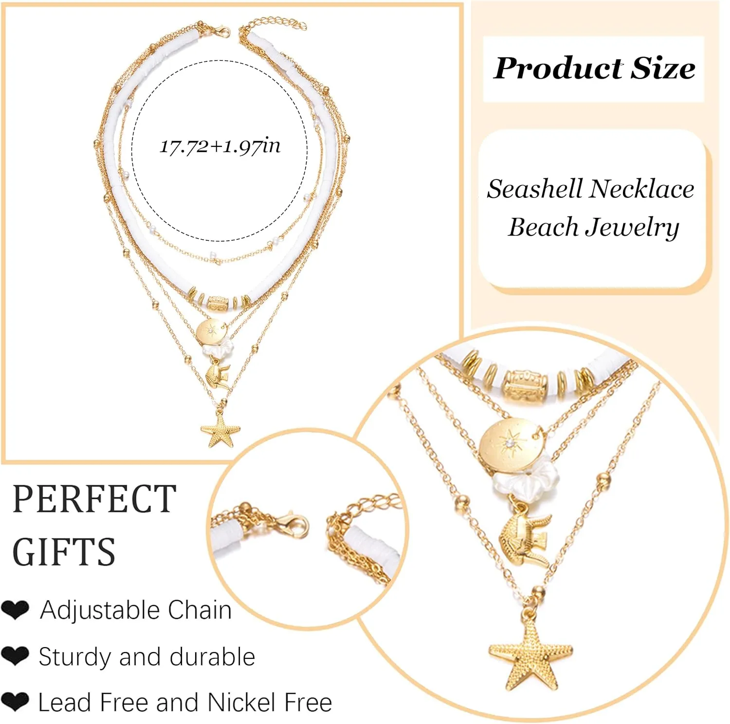 HUASAI Seashell Necklace Beach Jewelry for Women Starfish Shell Necklace Layered Boho Dainty Gold Necklaces Summer Jewelry Stuff Beach Accessories Country Concert Outfits for Women