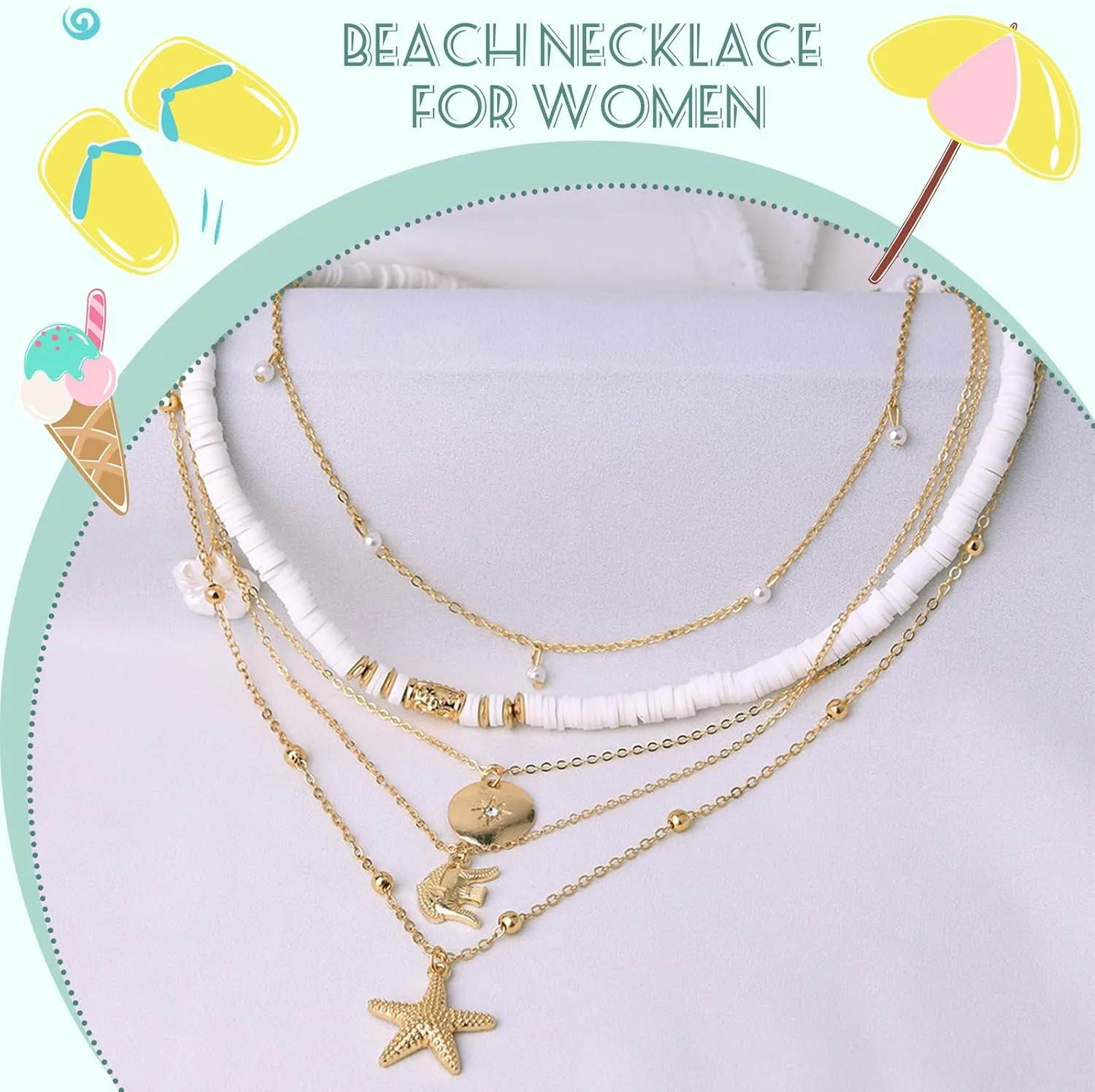 HUASAI Seashell Necklace Beach Jewelry for Women Starfish Shell Necklace Layered Boho Dainty Gold Necklaces Summer Jewelry Stuff Beach Accessories Country Concert Outfits for Women