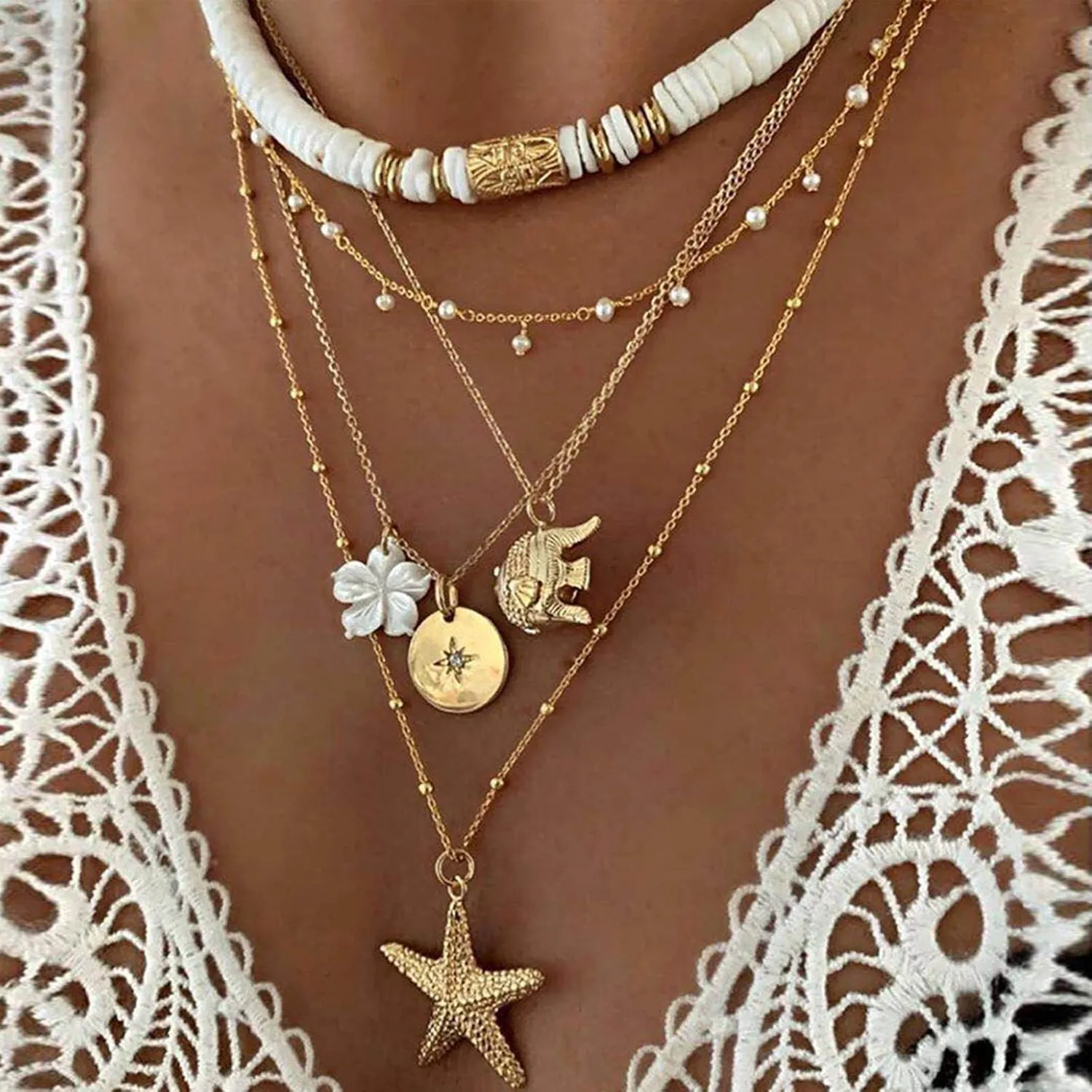 HUASAI Seashell Necklace Beach Jewelry for Women Starfish Shell Necklace Layered Boho Dainty Gold Necklaces Summer Jewelry Stuff Beach Accessories Country Concert Outfits for Women