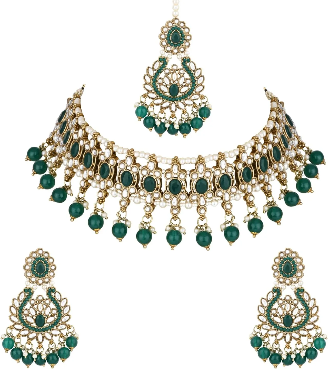 I Jewels Gold Plated Indian Wedding Bollywood Kundan Pearl Drop Choker Necklace Jewellery With Earrings & Maang Tikka Set For Women (K7276)