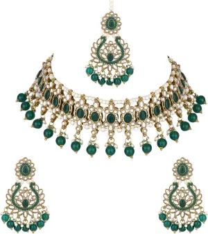 I Jewels Gold Plated Indian Wedding Bollywood Kundan Pearl Drop Choker Necklace Jewellery With Earrings & Maang Tikka Set For Women (K7276)