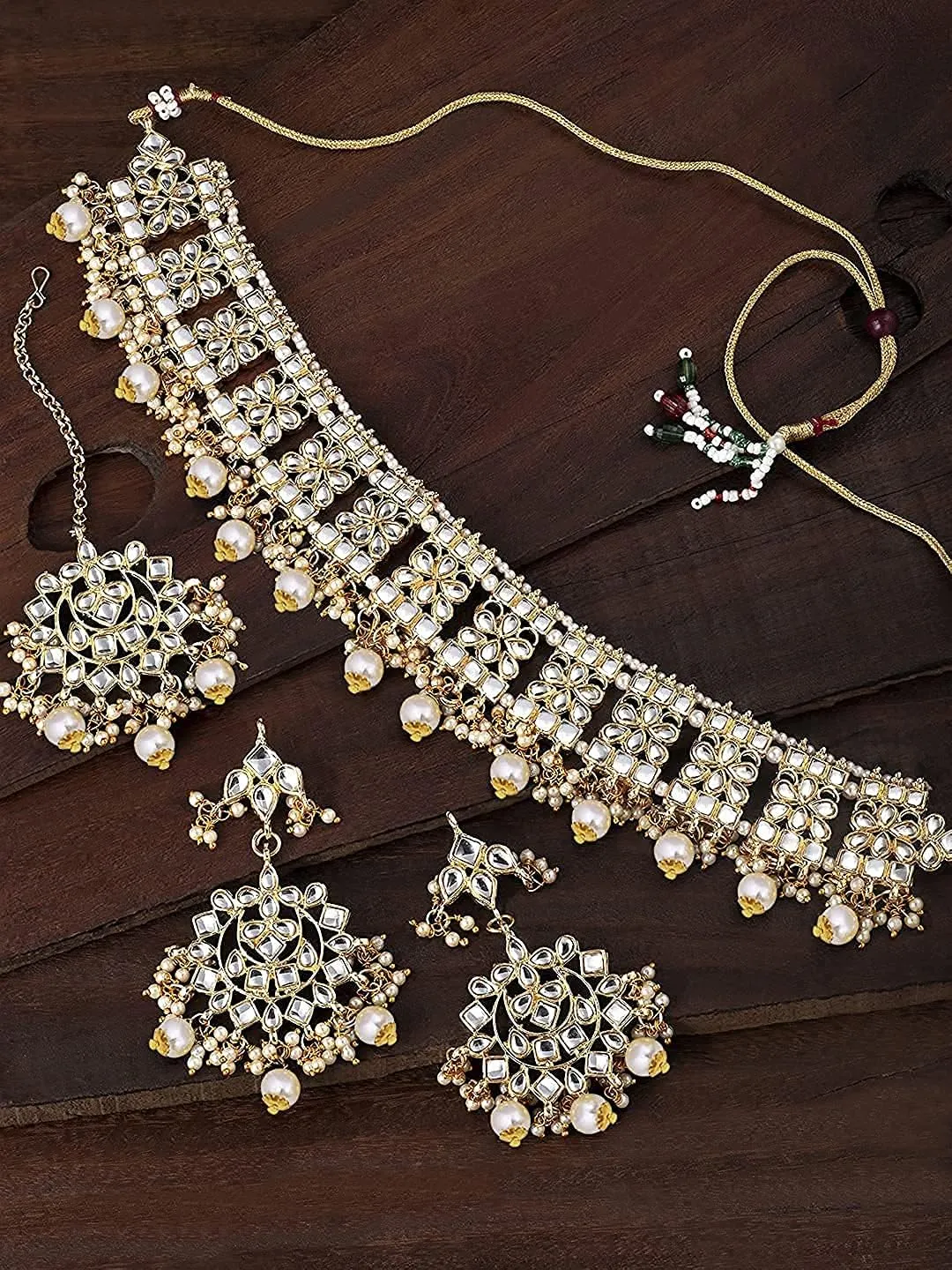 I Jewels Indian Gold Plated Traditional Kundan Choker Ethnic Bollywood Designer Jewelry Set with Earrings & Maang Tikka For Women