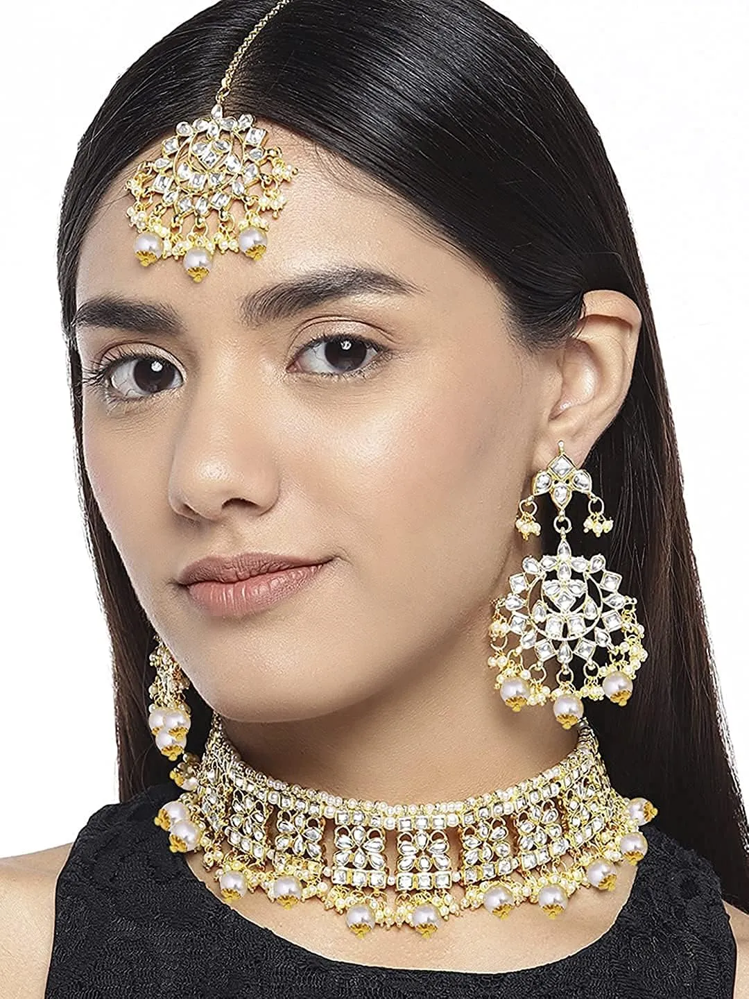 I Jewels Indian Gold Plated Traditional Kundan Choker Ethnic Bollywood Designer Jewelry Set with Earrings & Maang Tikka For Women