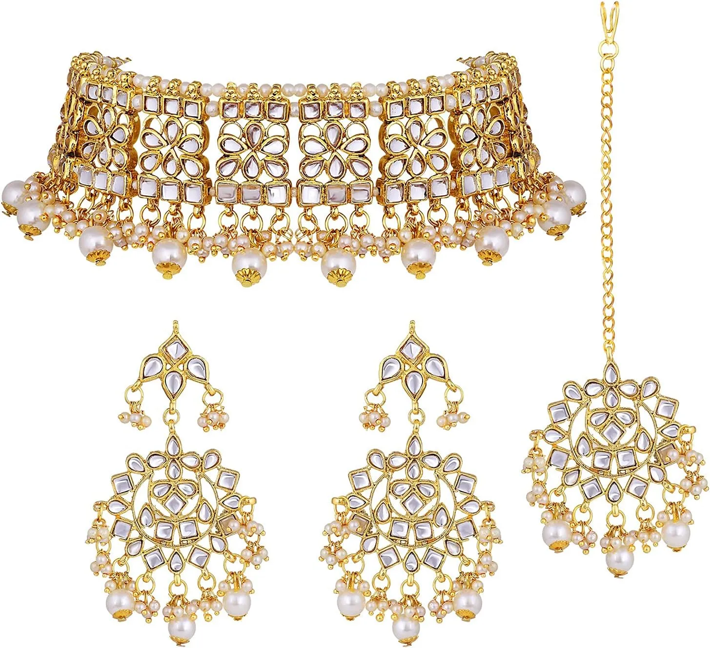 I Jewels Indian Gold Plated Traditional Kundan Choker Ethnic Bollywood Designer Jewelry Set with Earrings & Maang Tikka For Women