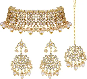 I Jewels Indian Gold Plated Traditional Kundan Choker Ethnic Bollywood Designer Jewelry Set with Earrings & Maang Tikka For Women