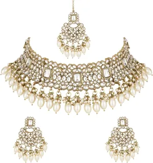 I Jewels Indian Wedding Bollywood Pearl Kundan Choker Jewellery Necklace Set with Maang Tikka for Women