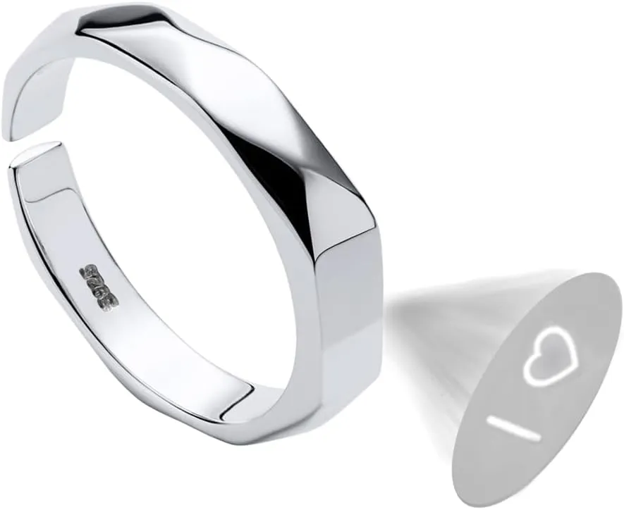 I Love U Engagement Wedding Ring 925 Sterling Silver | Unique Handmade Projection Ring | Adjustable Open Stackable Promise Ring for Couple Her Him Mom Girlfriend Gift
