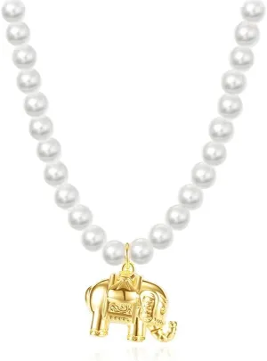 Imitation Pearl Necklace for Women Men Lucky Gold Elephant Pendant Necklace White Pearl Bead Ball Necklace Christmas Birthday Jewelry Gift