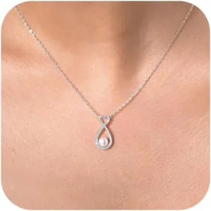 Infinity Heart Necklace for Women, 925 Sterling Silver Love Heart Necklace with 5.5mm Small Freshwater Pearl Pendant Great Gift for Her on Birthday Anniversary