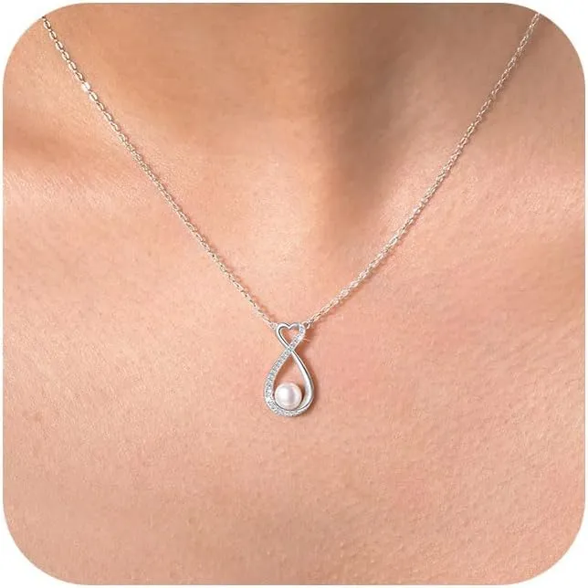 Infinity Heart Necklace for Women, 925 Sterling Silver Love Heart Necklace with 5.5mm Small Freshwater Pearl Pendant Great Gift for Her on Birthday Anniversary