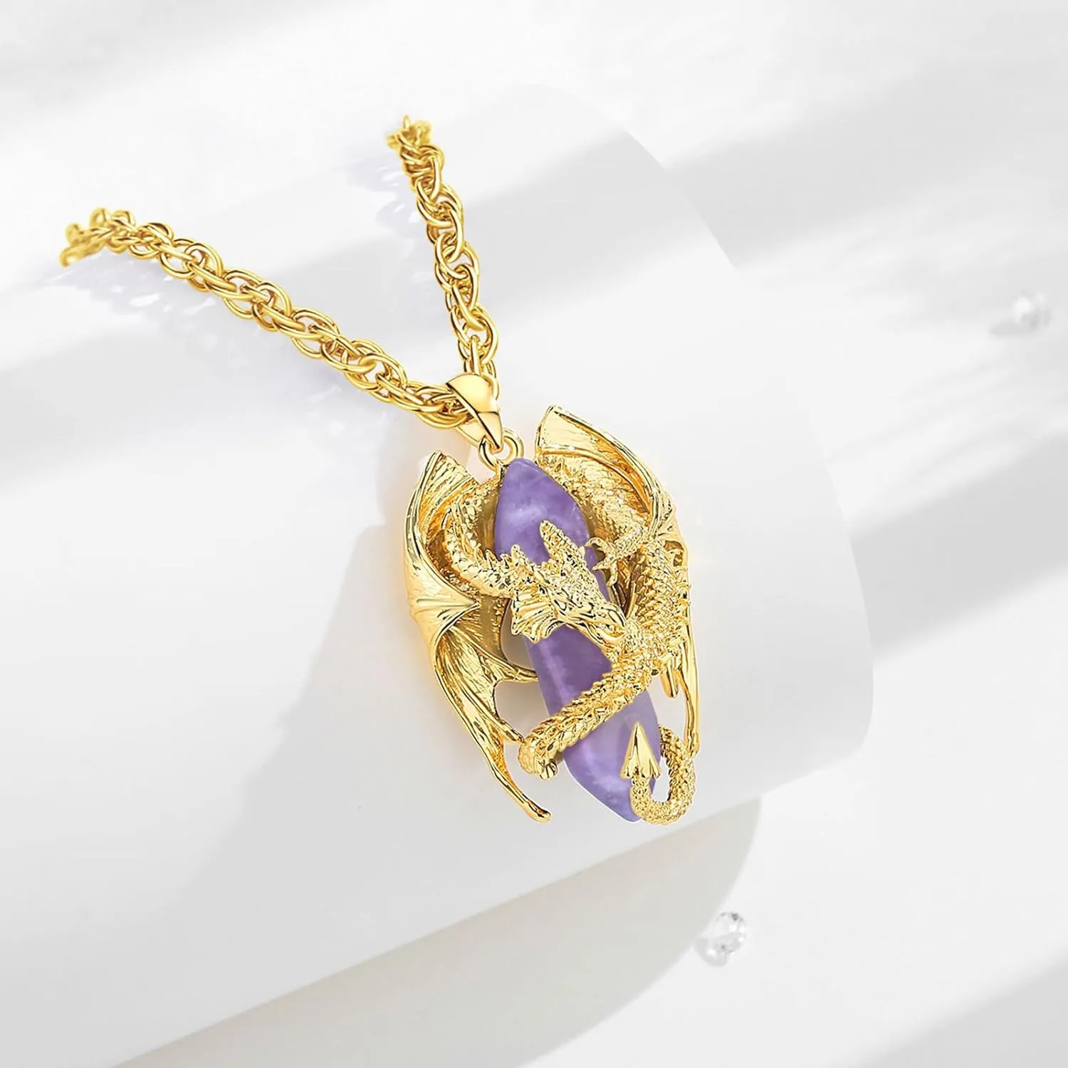 INFUSEU Dragon Necklace with Healing Crystal Stone for Men Women, Fantasy Meets Fashion