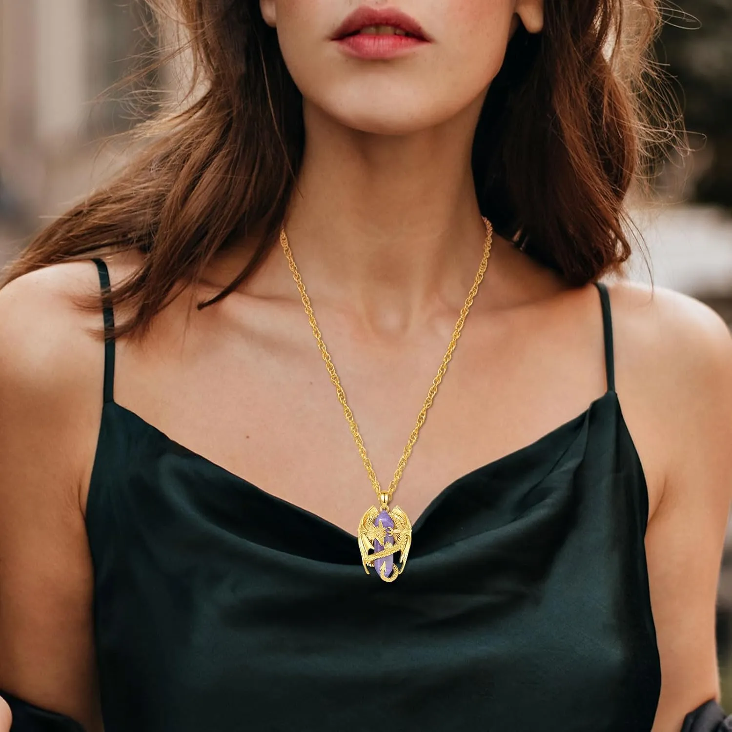 INFUSEU Dragon Necklace with Healing Crystal Stone for Men Women, Fantasy Meets Fashion
