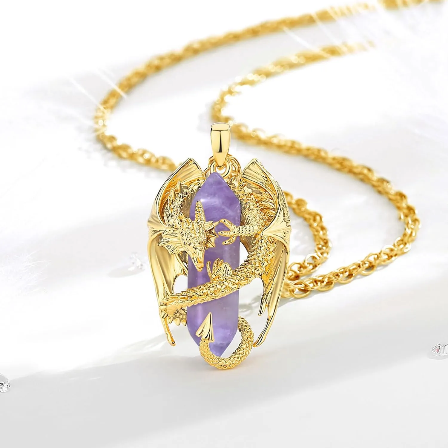 INFUSEU Dragon Necklace with Healing Crystal Stone for Men Women, Fantasy Meets Fashion