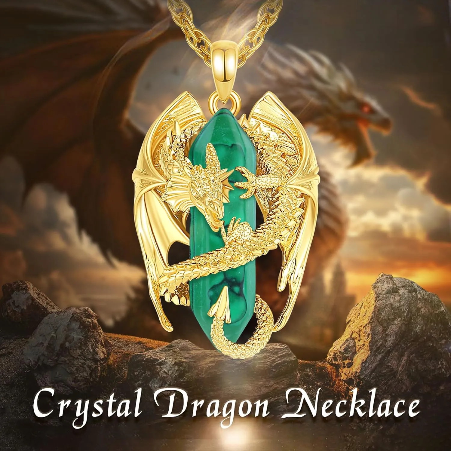 INFUSEU Dragon Necklace with Healing Crystal Stone for Men Women, Fantasy Meets Fashion