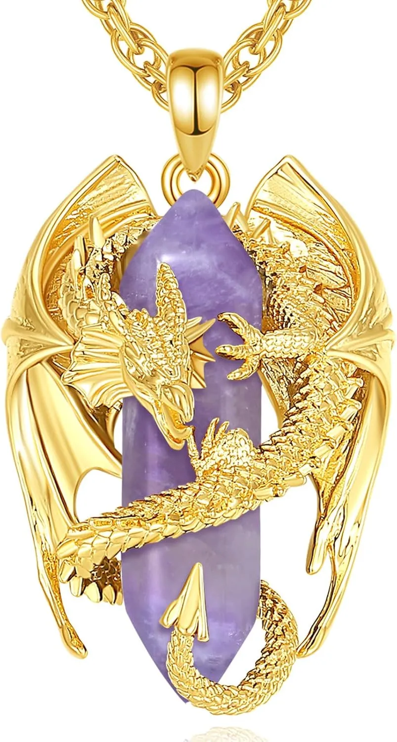 INFUSEU Dragon Necklace with Healing Crystal Stone for Men Women, Fantasy Meets Fashion