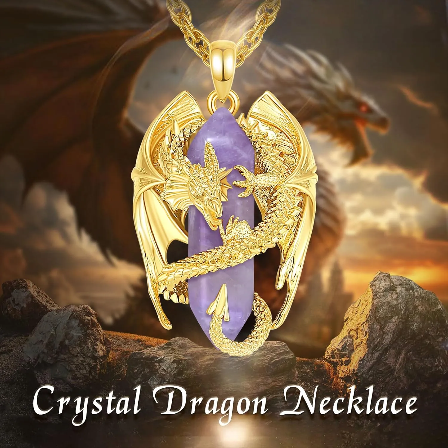 INFUSEU Dragon Necklace with Healing Crystal Stone for Men Women, Fantasy Meets Fashion