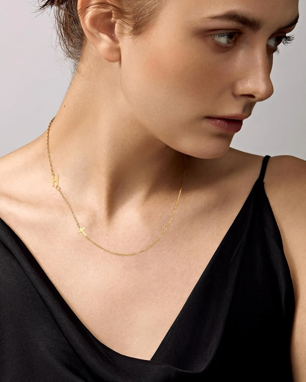 Initial Necklaces for Women, 18k Gold Plated Sideways Letter Necklace Dainty Cross Custom Name Necklace Personalized Jewelry Gift