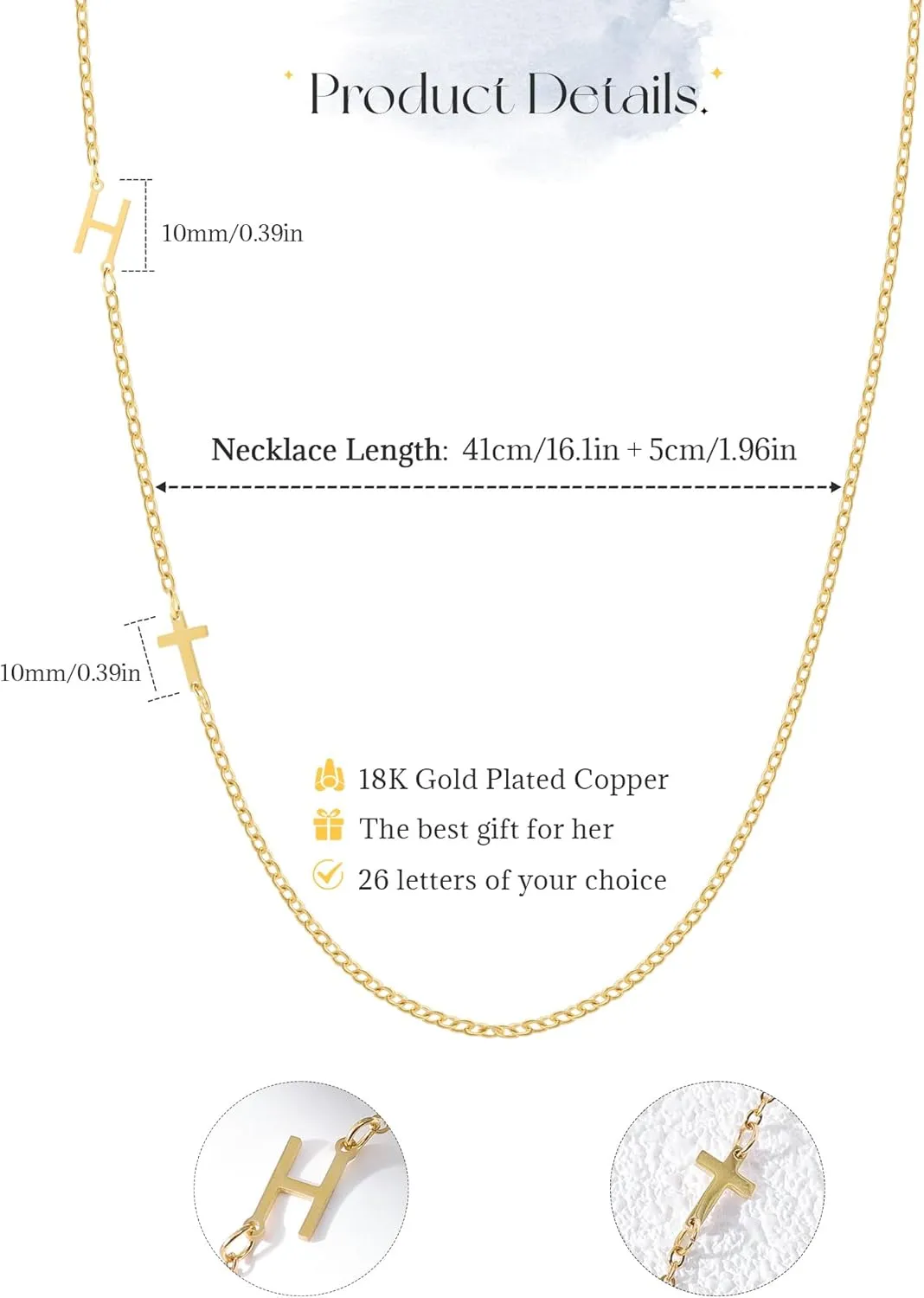 Initial Necklaces for Women, 18k Gold Plated Sideways Letter Necklace Dainty Cross Custom Name Necklace Personalized Jewelry Gift