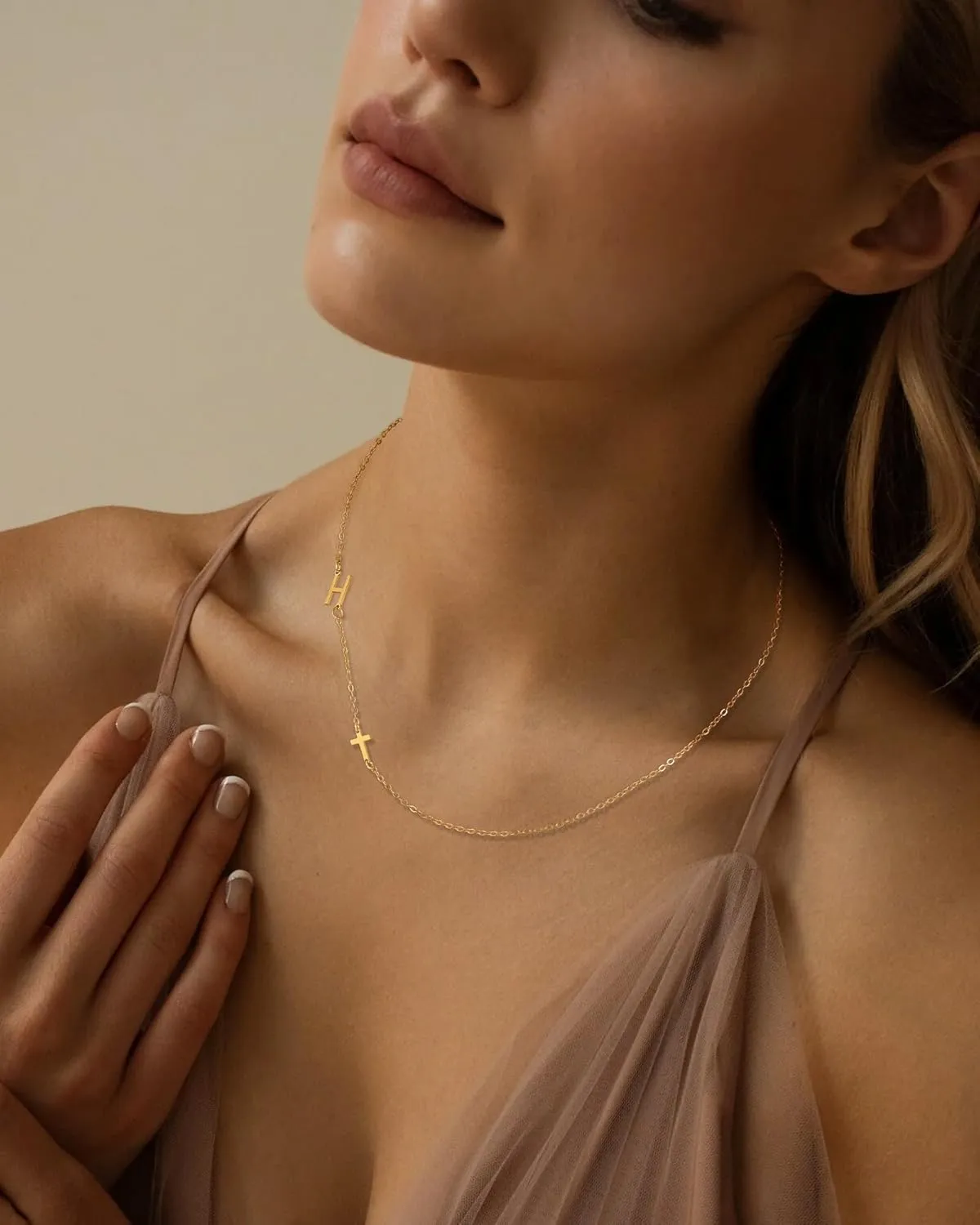 Initial Necklaces for Women, 18k Gold Plated Sideways Letter Necklace Dainty Cross Custom Name Necklace Personalized Jewelry Gift