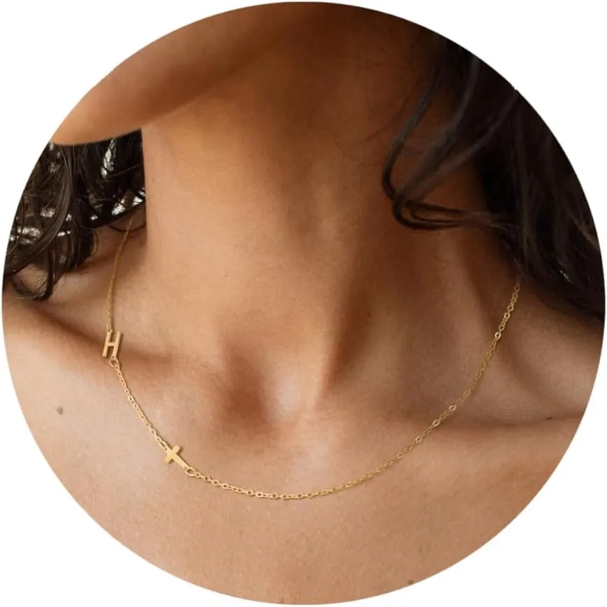 Initial Necklaces for Women, 18k Gold Plated Sideways Letter Necklace Dainty Cross Custom Name Necklace Personalized Jewelry Gift