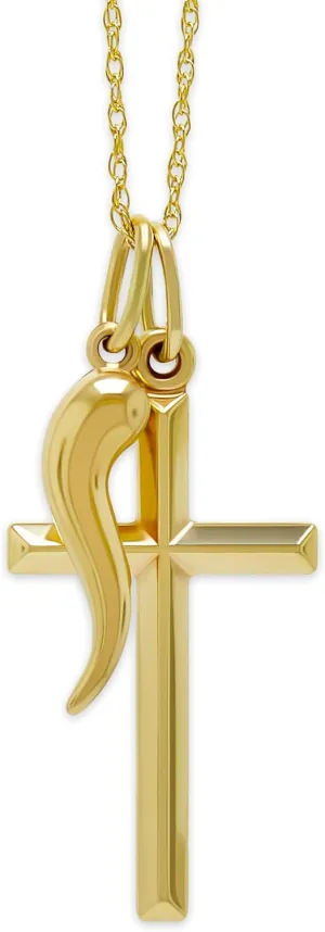 Italian Horn Charm w/ Cross - 10 Karat Gold Cornicello Pendant - Religious Cross Puisdre
