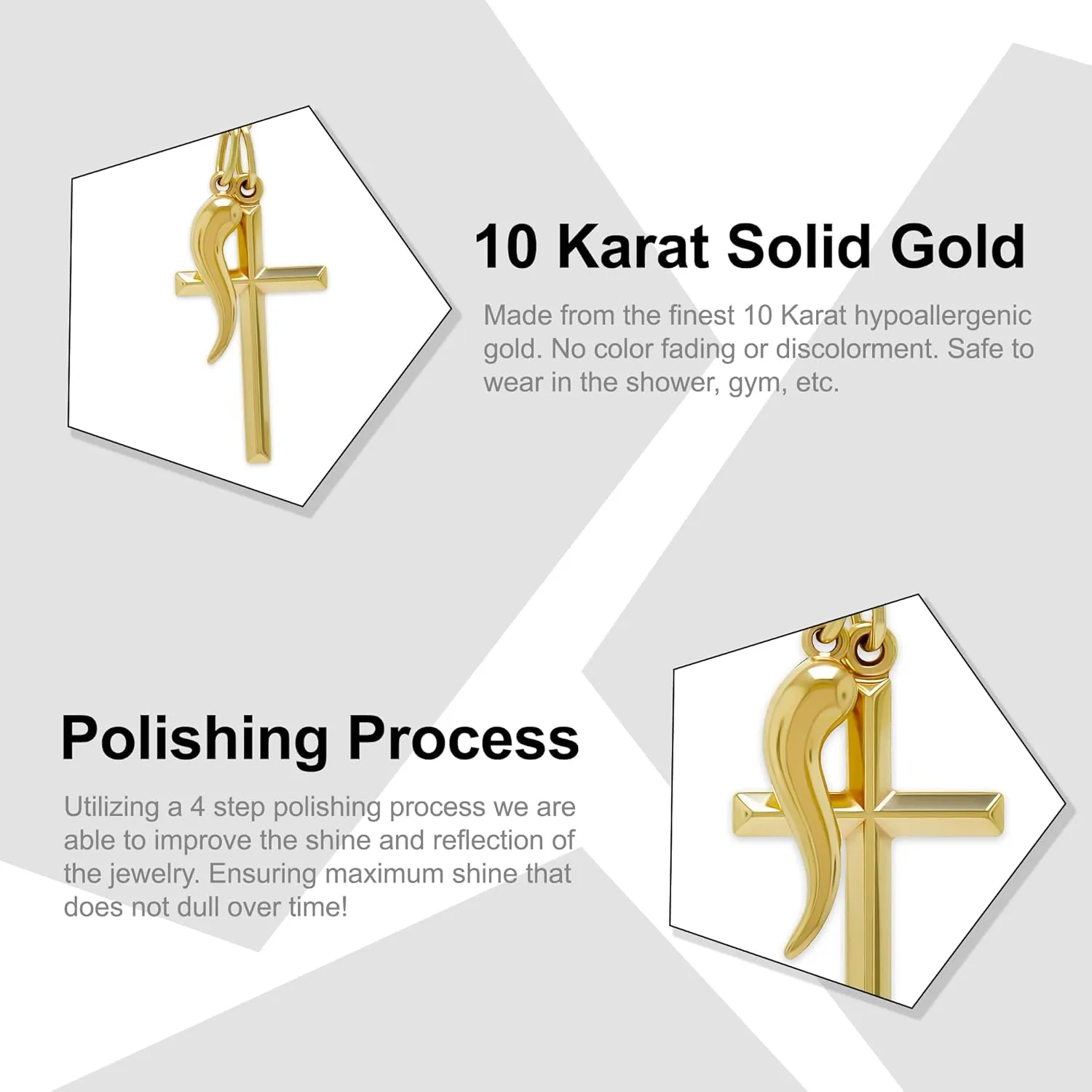 Italian Horn Charm w/ Cross - 10 Karat Gold Cornicello Pendant - Religious Cross Puisdre