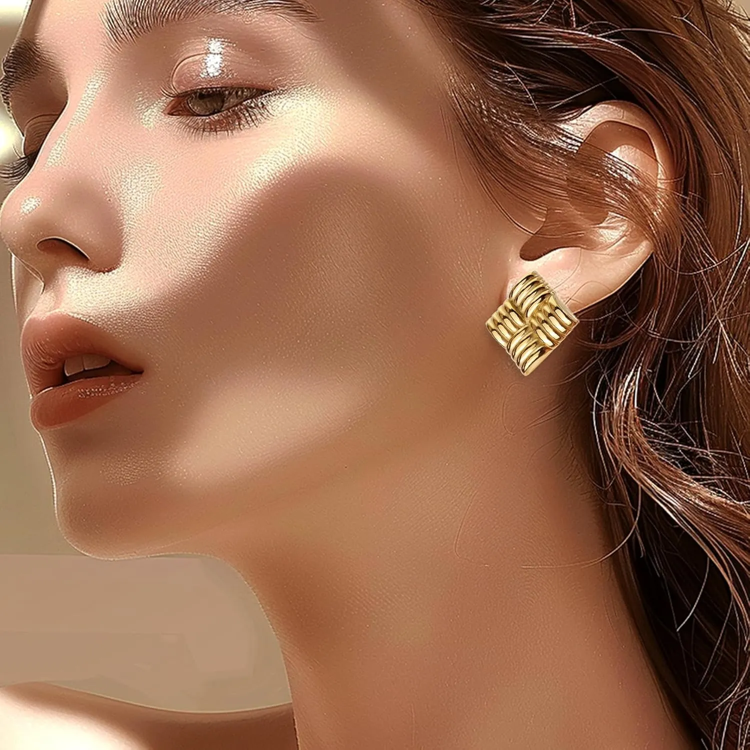 JeanBeau Chunky Large Square Stud Earrings for Women, Trendy Statement Geometric Rectangle Textured Lightweight Hypoallergenic Earing Prom Fashion Jewelry Gift