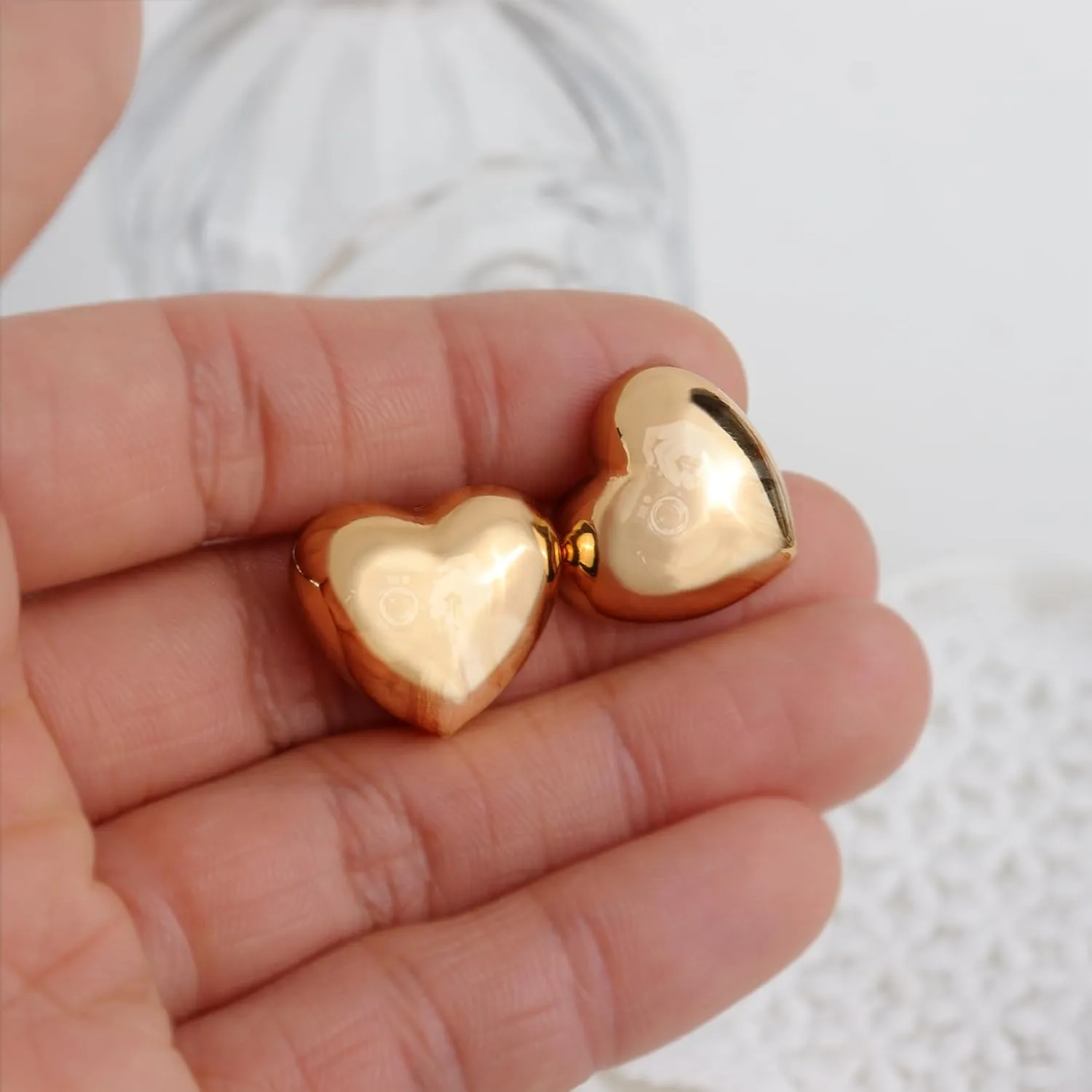 JeanBeau Gold Chunky Heart Dangle Drop Double Stud Earrings for Women, Valentine Trendy Statement Love Dangling Hypoallergenic Earing Wedding Prom Jewelry Gift