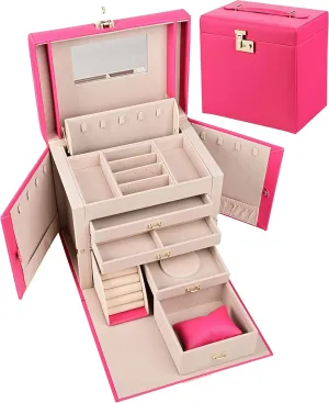 Jewelry Box Luxurious Accessory Case Storage Organizer Faux-Leather with Lock Handle Mirror Earrings Necklace Ring Rests Gift for Women