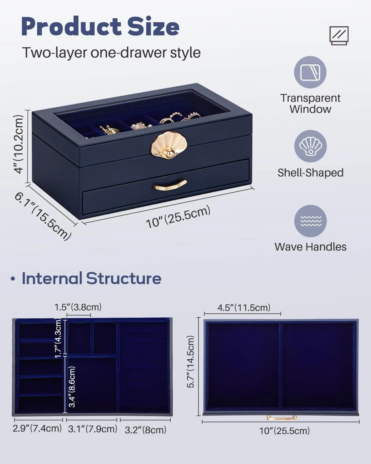 Jewelry Box with 1 Drawers: Display Organizer for Earrings Necklaces - Gift for Girls Women (Dark Blue)