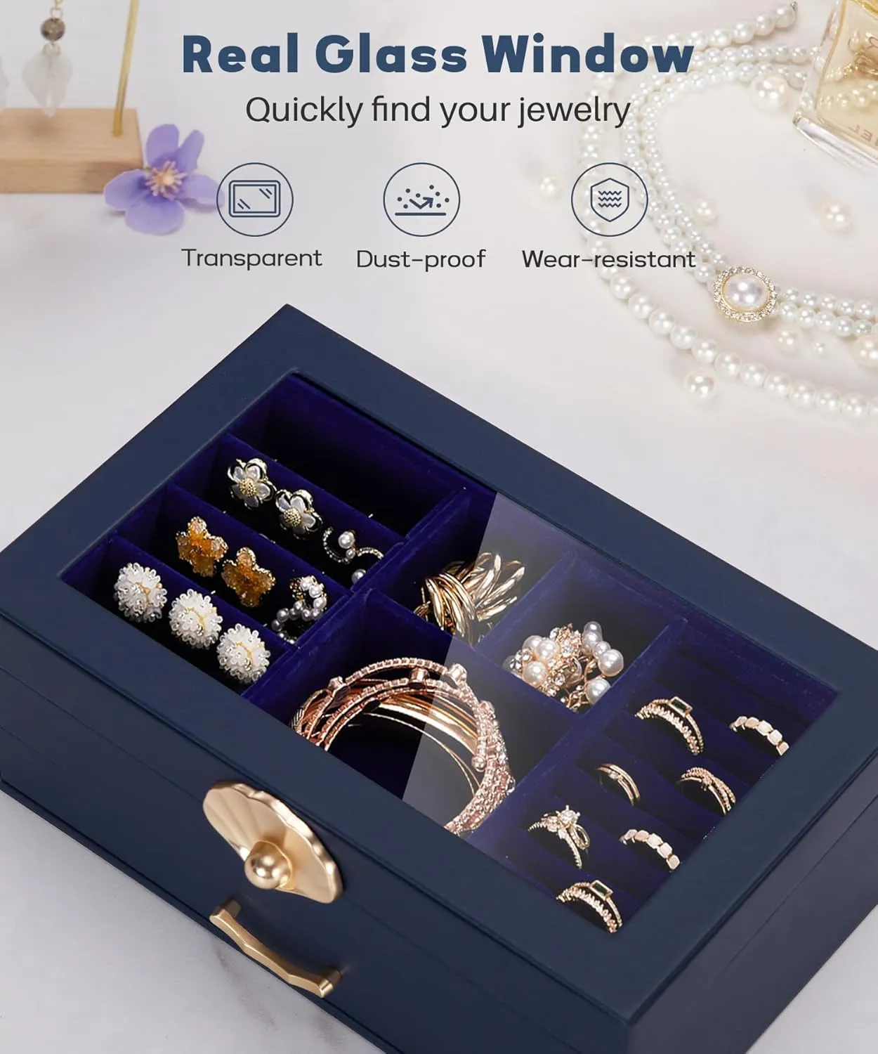 Jewelry Box with 1 Drawers: Display Organizer for Earrings Necklaces - Gift for Girls Women (Dark Blue)