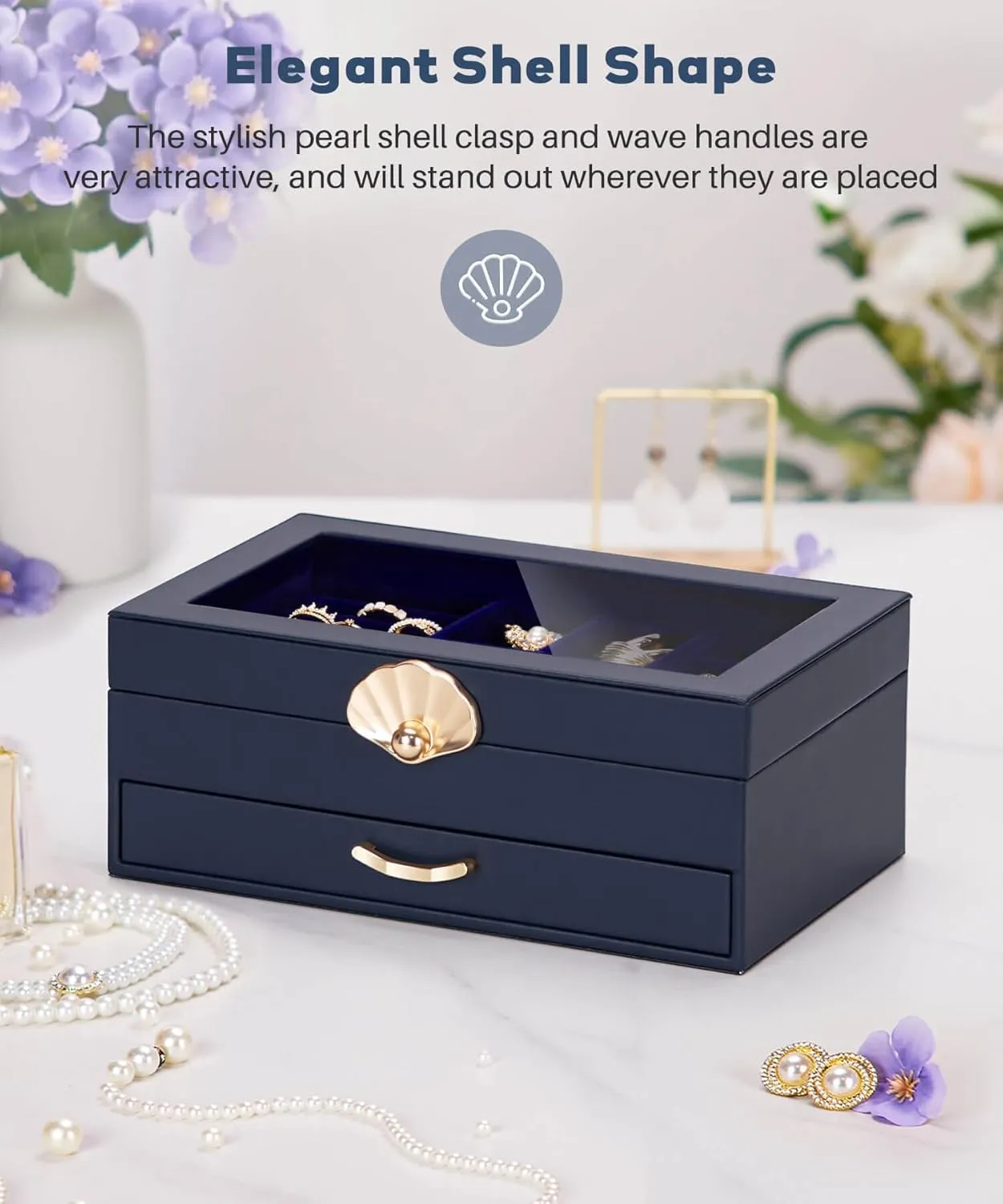 Jewelry Box with 1 Drawers: Display Organizer for Earrings Necklaces - Gift for Girls Women (Dark Blue)