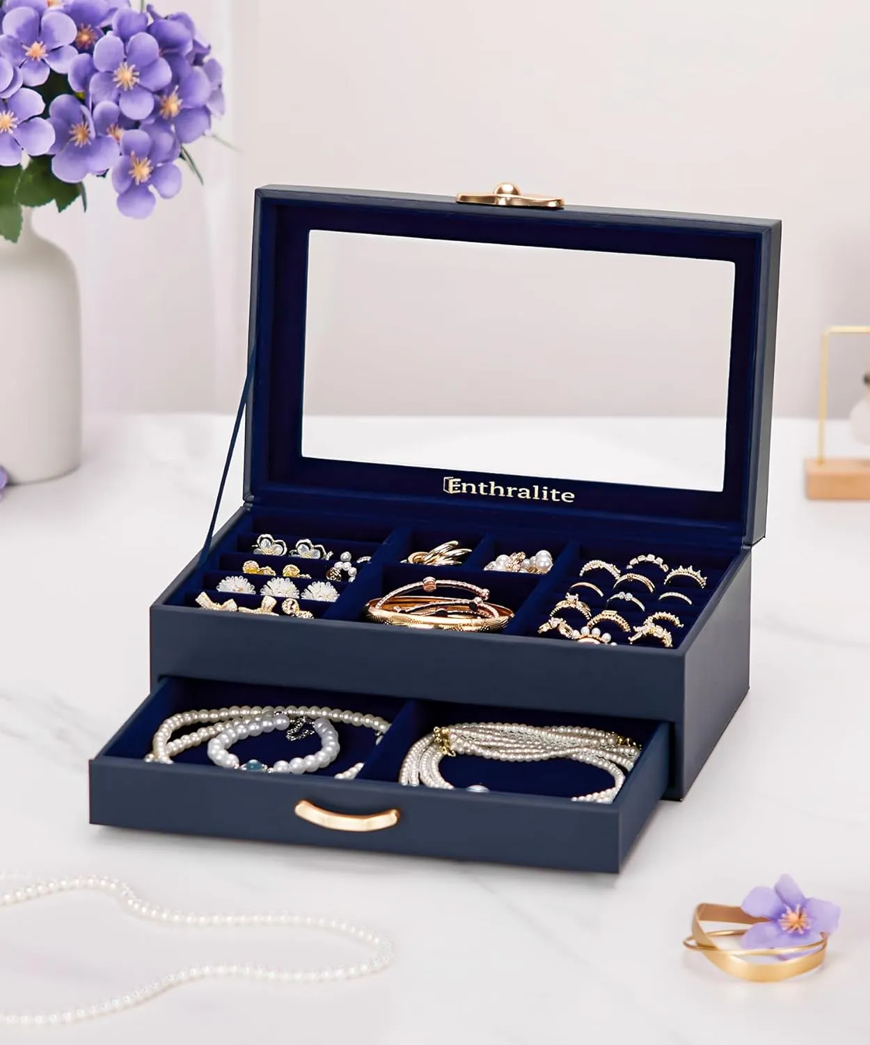Jewelry Box with 1 Drawers: Display Organizer for Earrings Necklaces - Gift for Girls Women (Dark Blue)