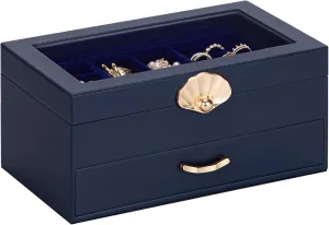 Jewelry Box with 1 Drawers: Display Organizer for Earrings Necklaces - Gift for Girls Women (Dark Blue)