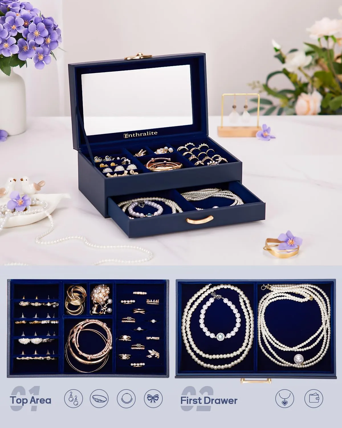 Jewelry Box with 1 Drawers: Display Organizer for Earrings Necklaces - Gift for Girls Women (Dark Blue)