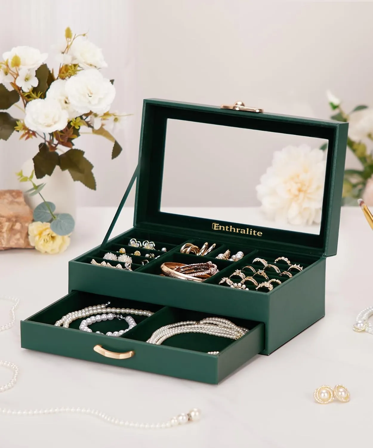 Jewelry Box with 1 Drawers: Display Organizer for Earrings Necklaces - Gift for Girls Women (Forest Green)