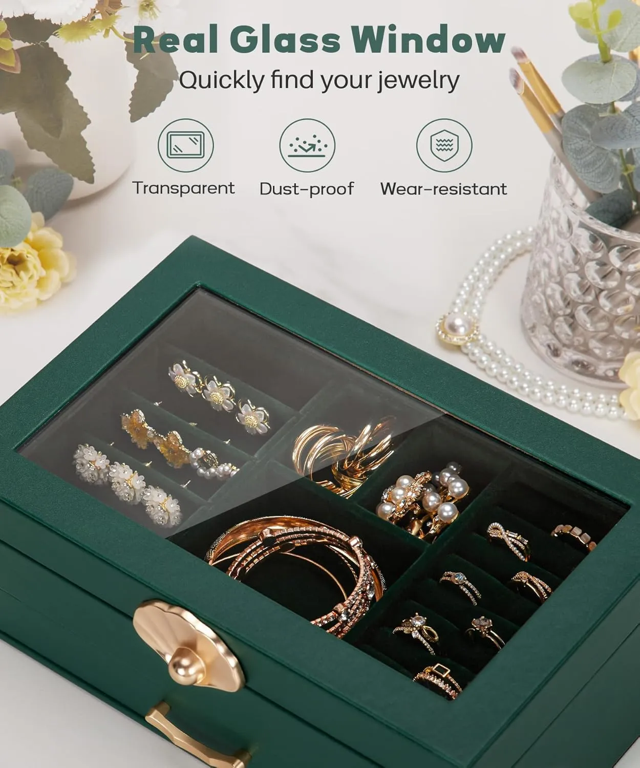 Jewelry Box with 1 Drawers: Display Organizer for Earrings Necklaces - Gift for Girls Women (Forest Green)