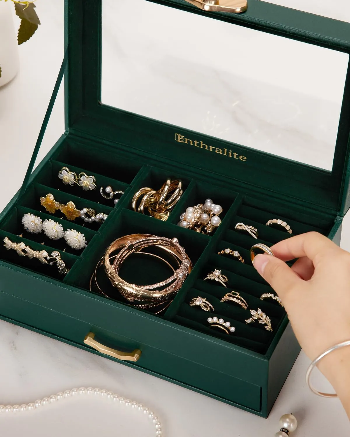 Jewelry Box with 1 Drawers: Display Organizer for Earrings Necklaces - Gift for Girls Women (Forest Green)