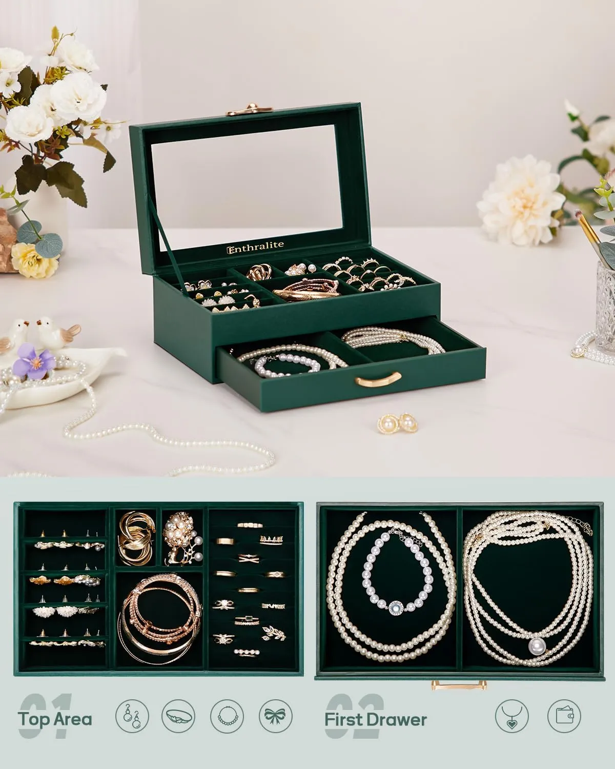 Jewelry Box with 1 Drawers: Display Organizer for Earrings Necklaces - Gift for Girls Women (Forest Green)