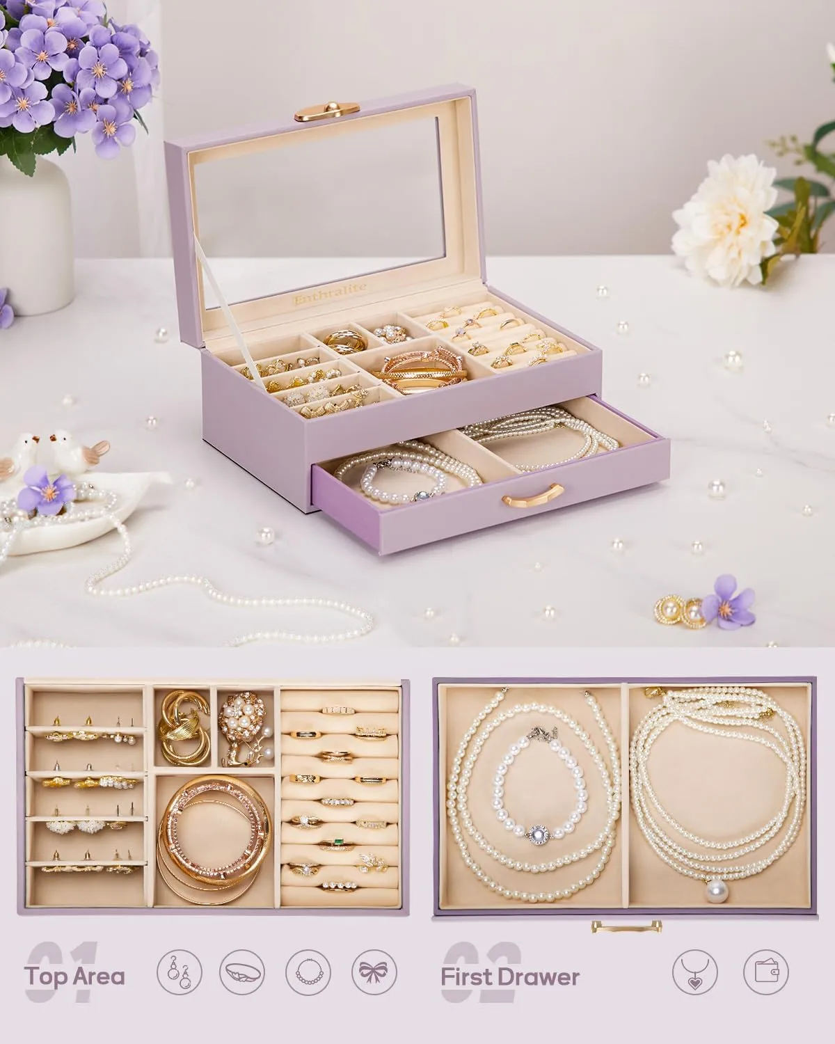 Jewelry Box with 1 Drawers: Display Organizer for Earrings Necklaces - Gift for Girls Women (Grey Purple)