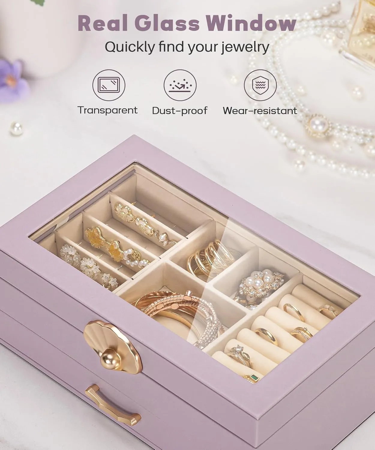 Jewelry Box with 1 Drawers: Display Organizer for Earrings Necklaces - Gift for Girls Women (Grey Purple)