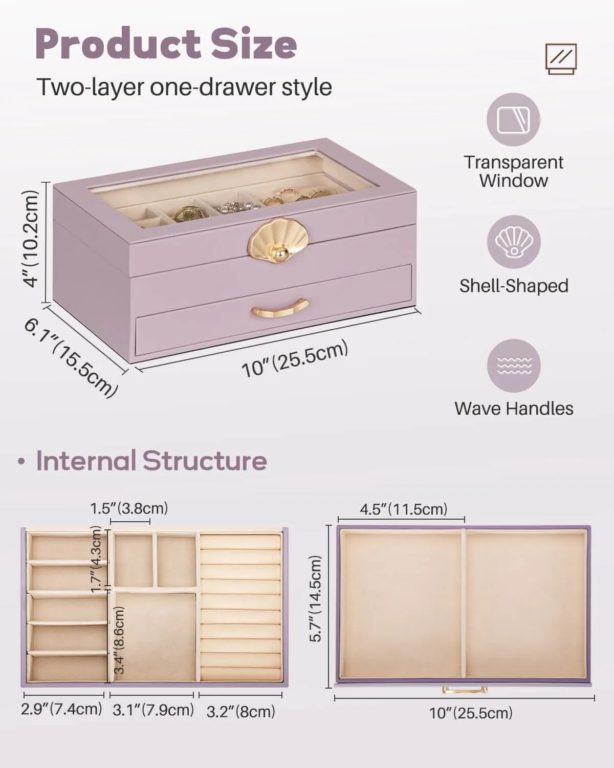 Jewelry Box with 1 Drawers: Display Organizer for Earrings Necklaces - Gift for Girls Women (Grey Purple)