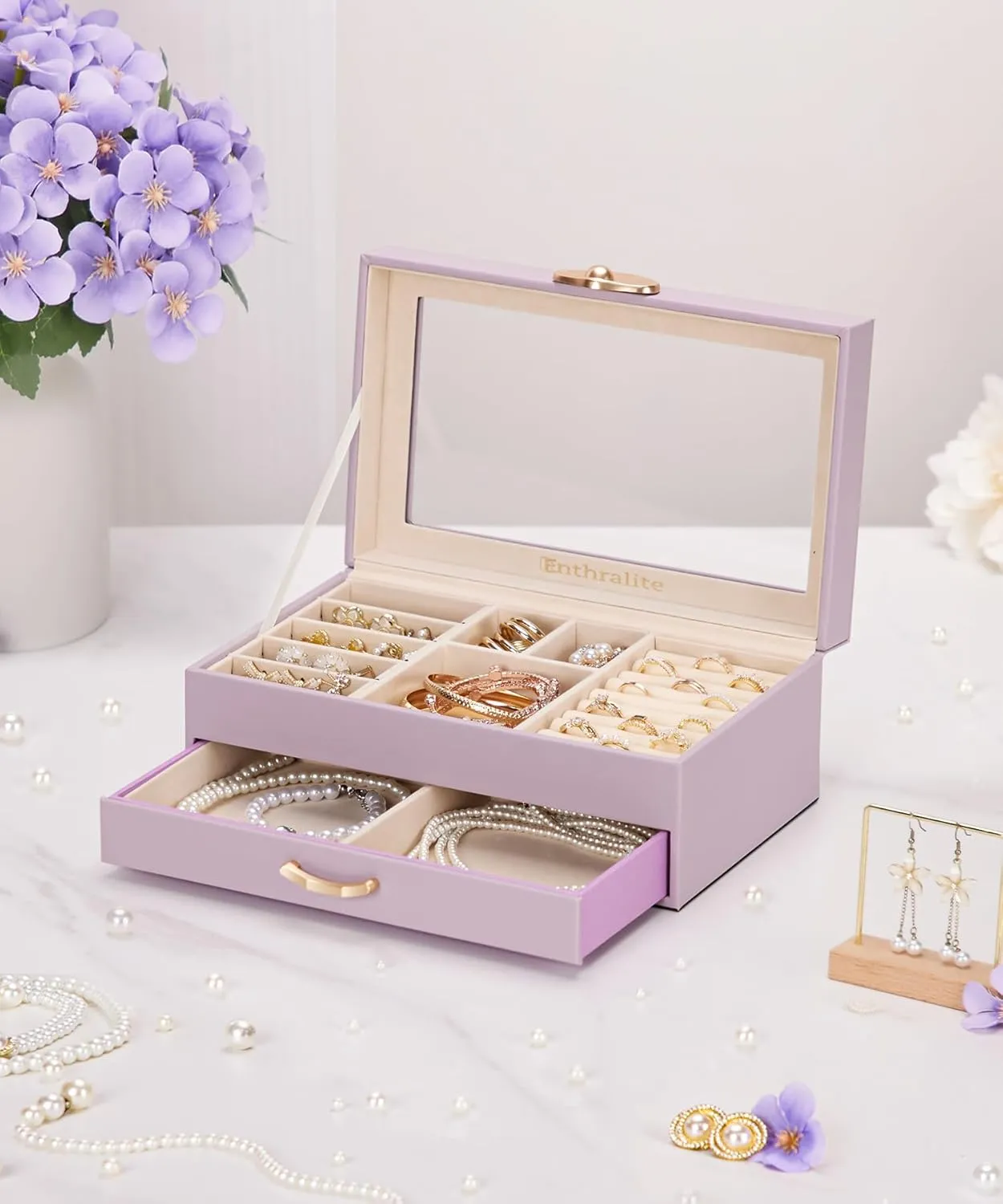Jewelry Box with 1 Drawers: Display Organizer for Earrings Necklaces - Gift for Girls Women (Grey Purple)