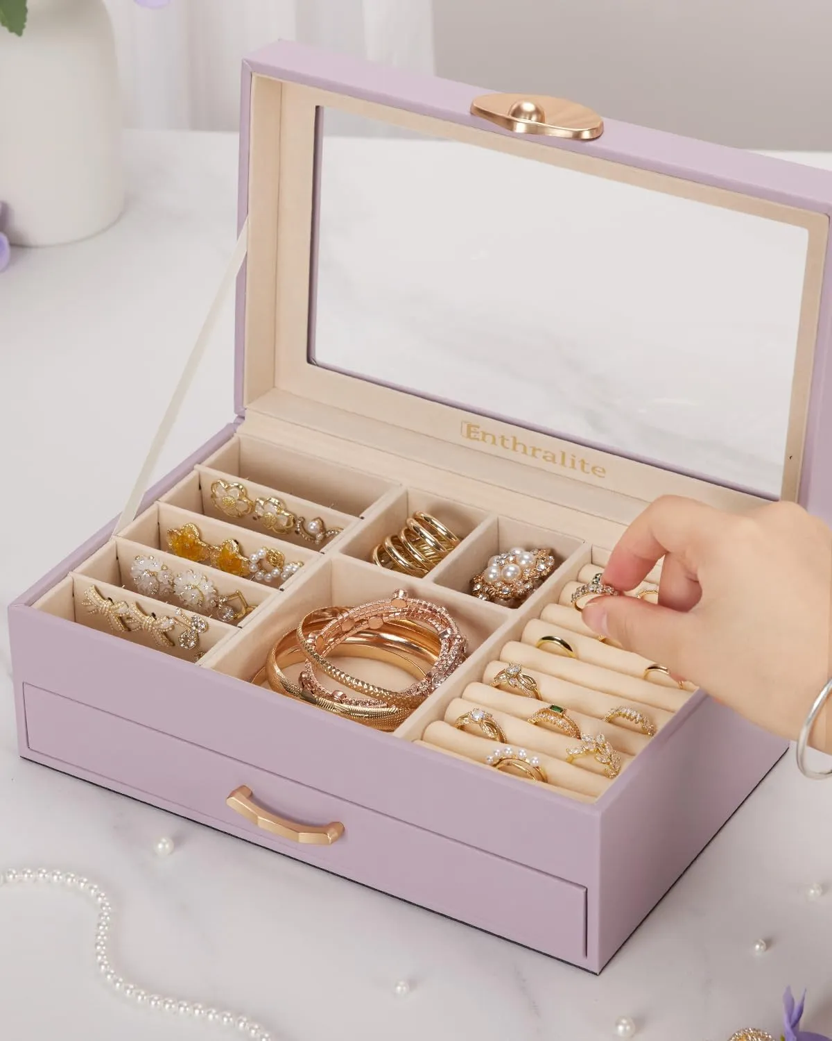 Jewelry Box with 1 Drawers: Display Organizer for Earrings Necklaces - Gift for Girls Women (Grey Purple)