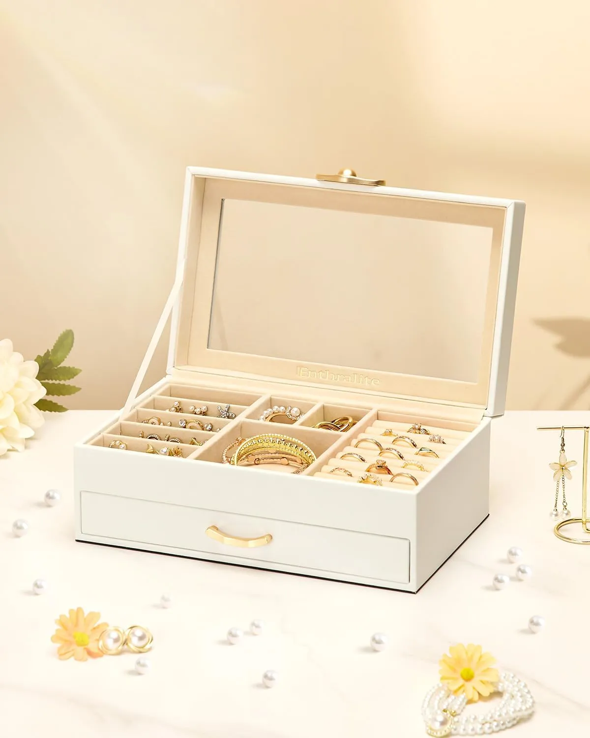 Jewelry Box with 1 Drawers: Display Organizer for Earrings Necklaces - Gift for Girls Women (White)