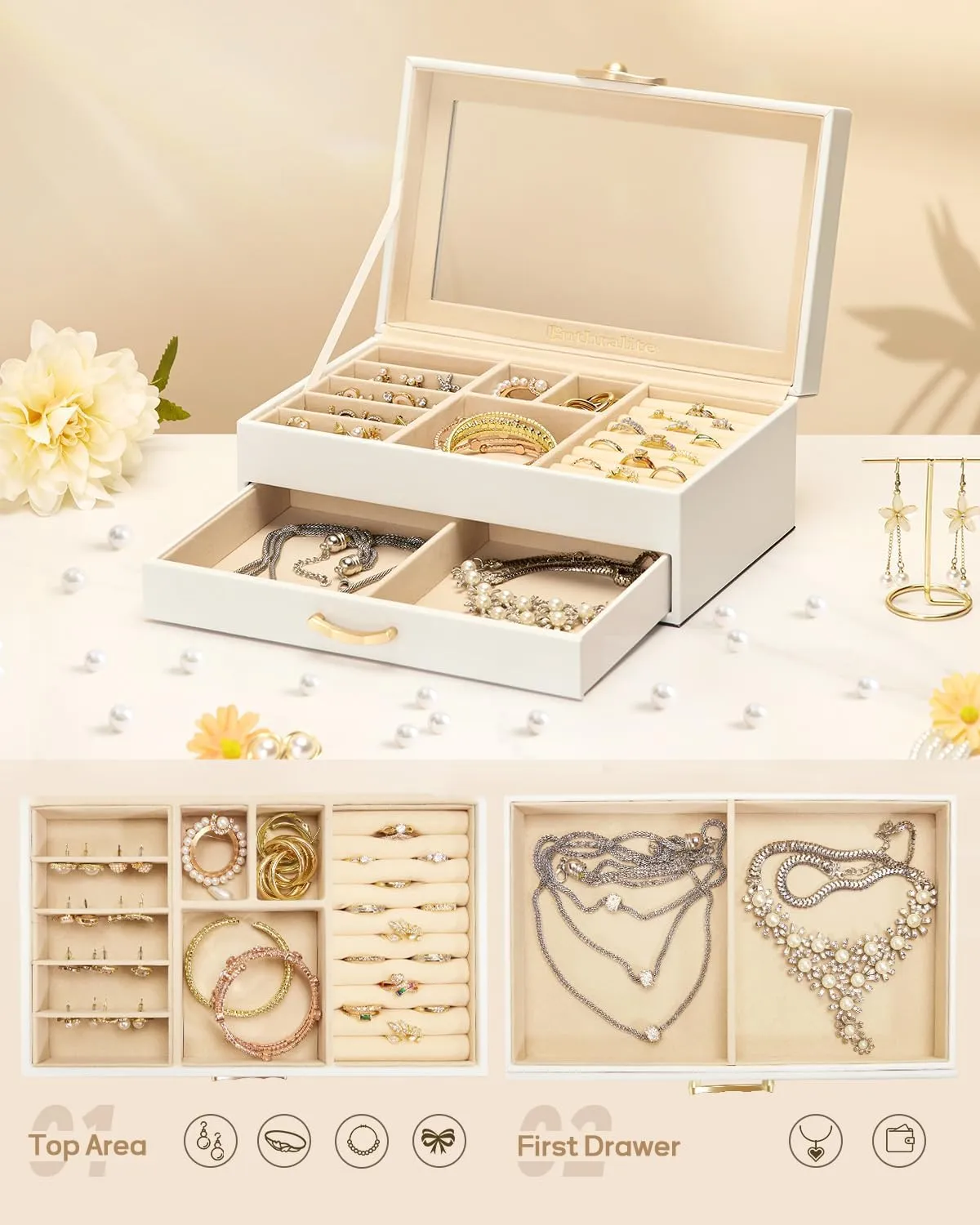 Jewelry Box with 1 Drawers: Display Organizer for Earrings Necklaces - Gift for Girls Women (White)